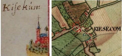 Kerk van Kiezegem in 1678 (links, uit Archief van Averbode) en in 1770 (rechts, Ferrariskaart)