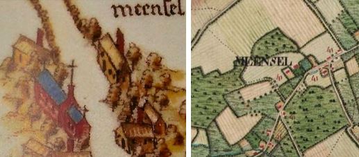 Kerk van Meensel in 1678 (links, uit Archief van Averbode) en in 1770 (rechts, Ferrariskaart)